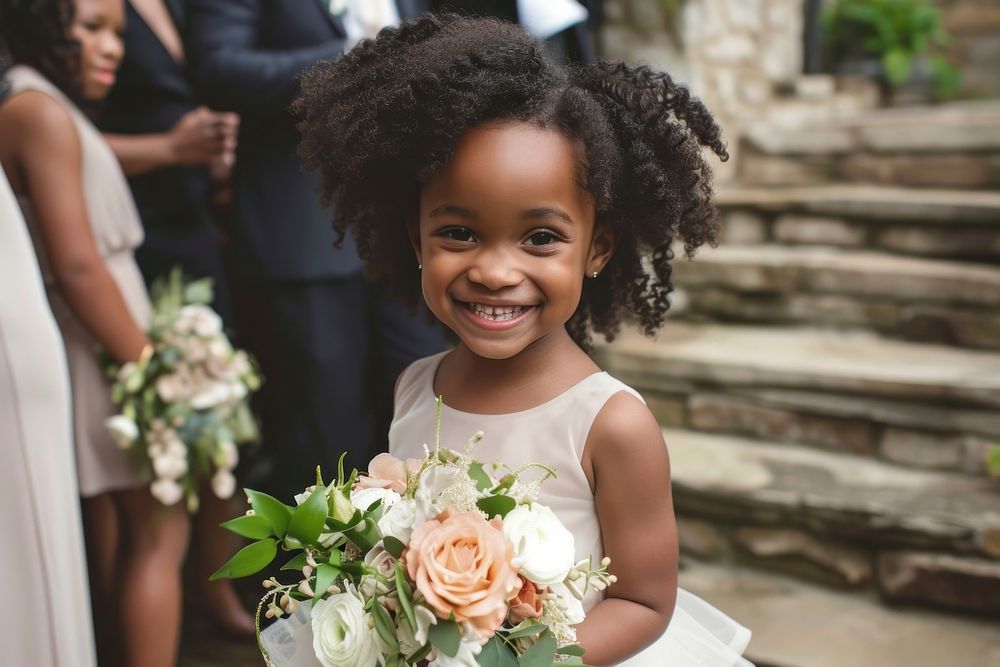 Happy black flower girl wedding portrait bride.
