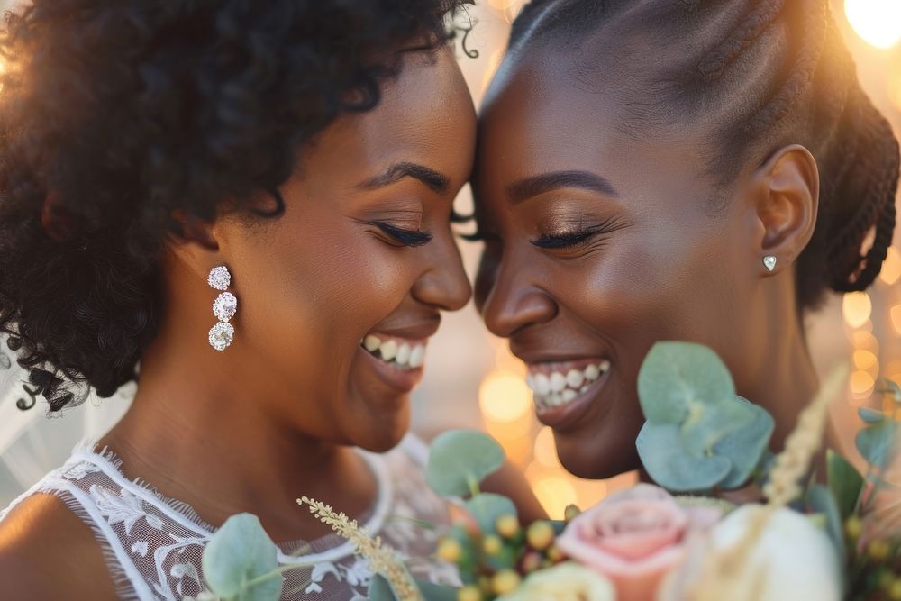 Happy black lesbian couple at wedding ceremony laughing jewelry bride.