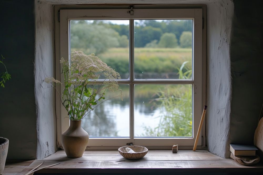 Window see river windowsill plant room.
