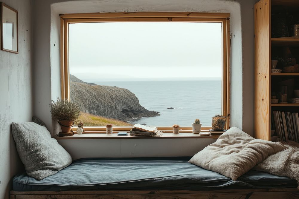 Window see sea cliffs furniture room bed.