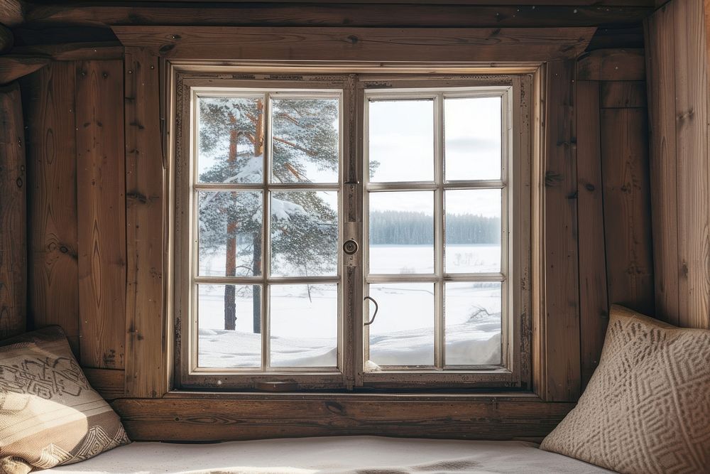 Window see winter landscape windowsill furniture cottage.