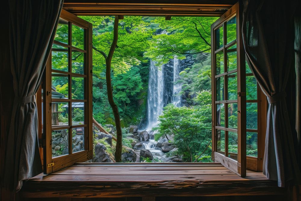 Window see waterfall outdoors nature house.