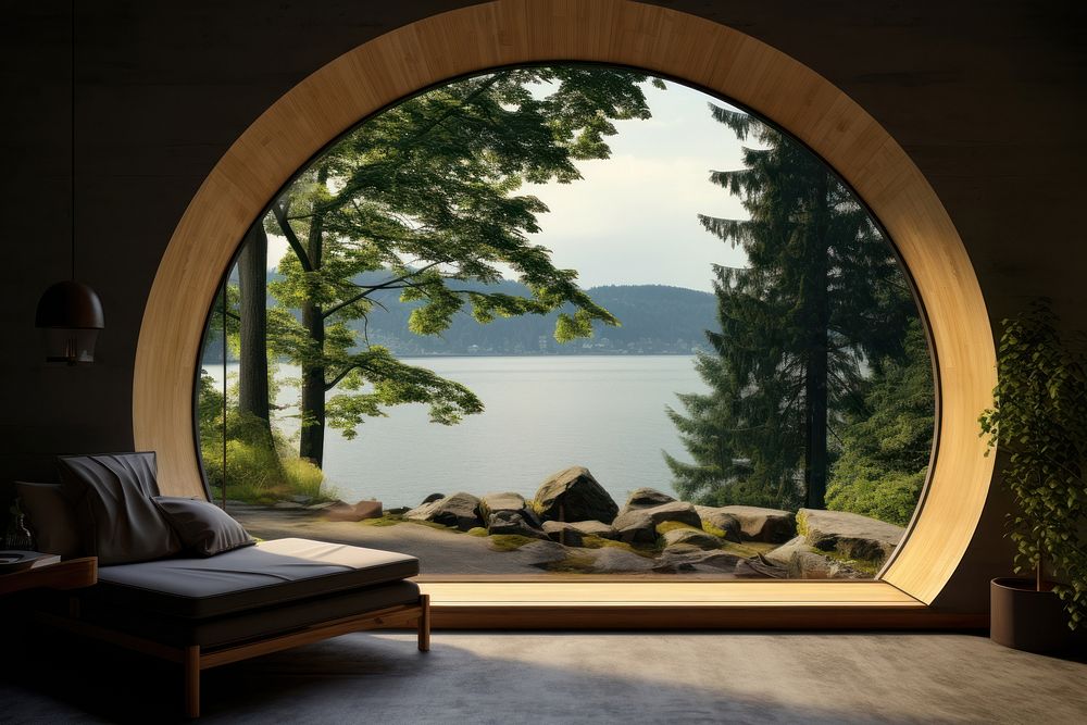 Window see lake furniture outdoors nature.