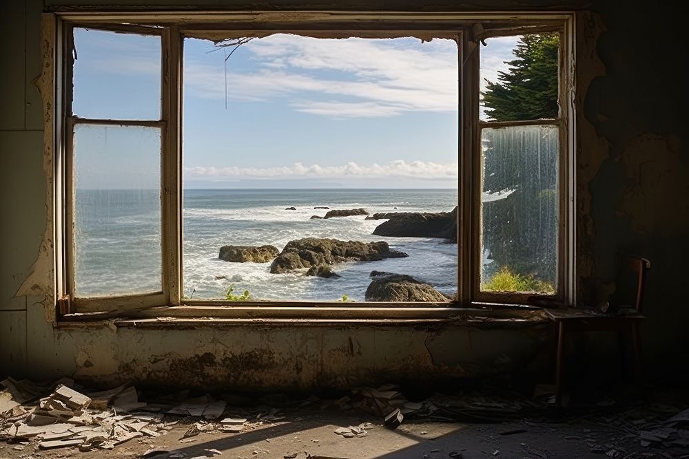 Window see ocean house deterioration architecture.