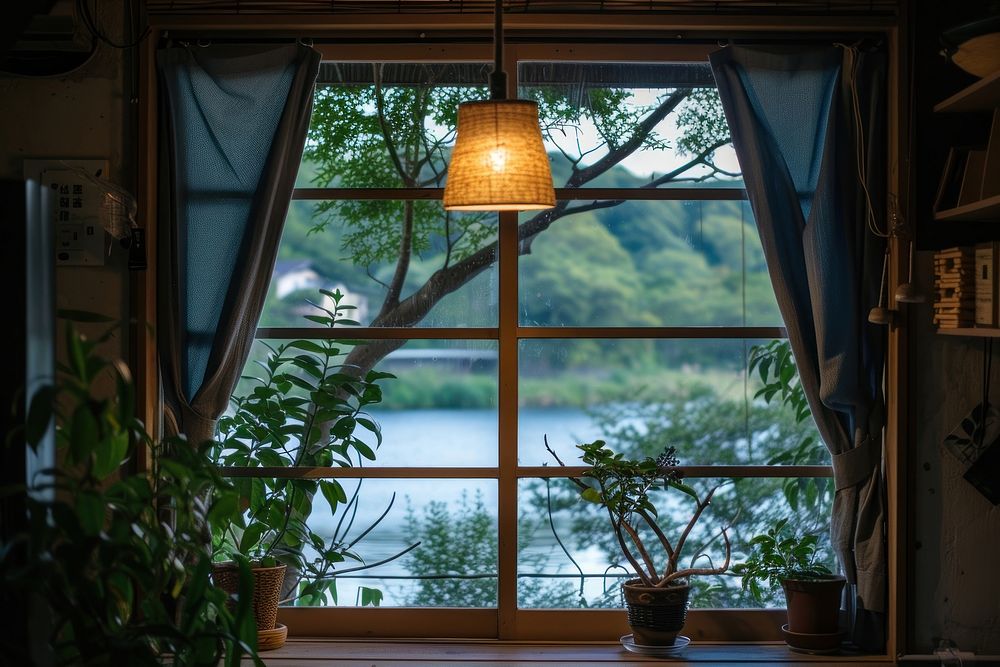 Window see river windowsill house plant.