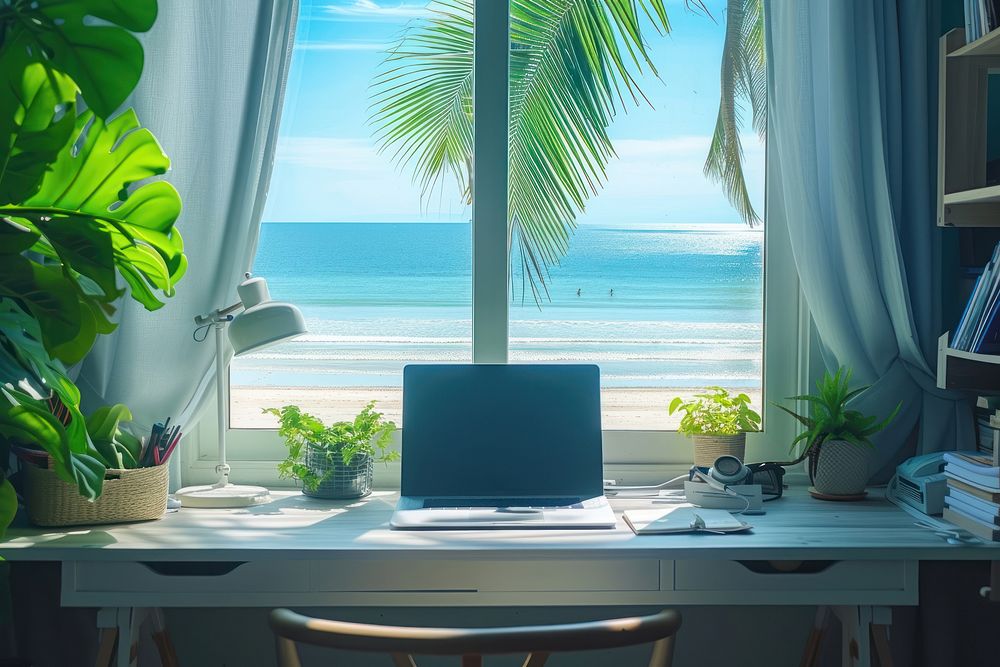 Window see beach furniture computer laptop.