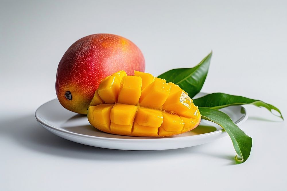 Mango on a white plate fruit plant food.