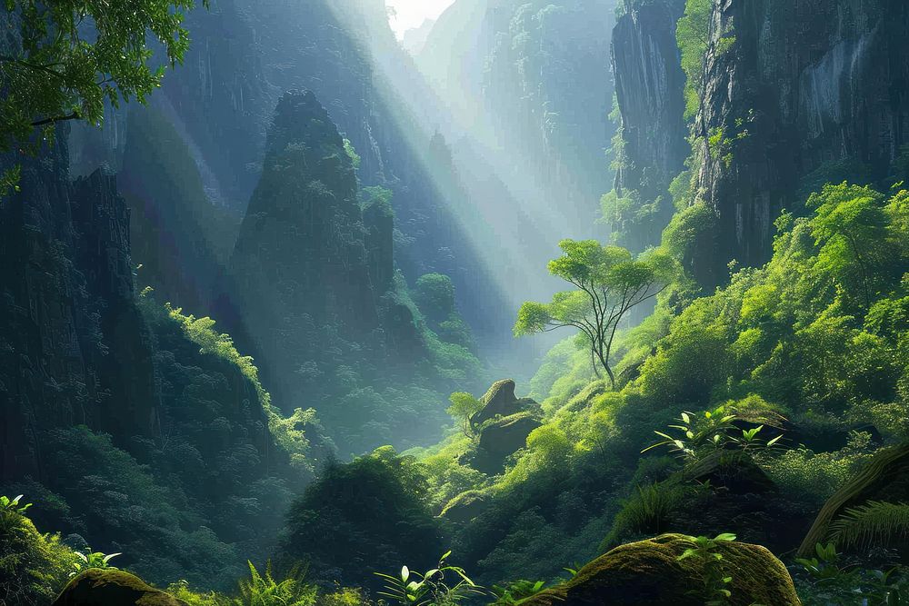 Nature vegetation landscape sunlight. AI generated Image by rawpixel.