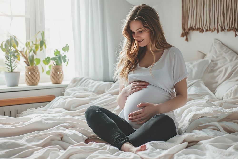 Pregnant woman touching her belly while sitting on her bed adult anticipation beginnings. AI generated Image by rawpixel.