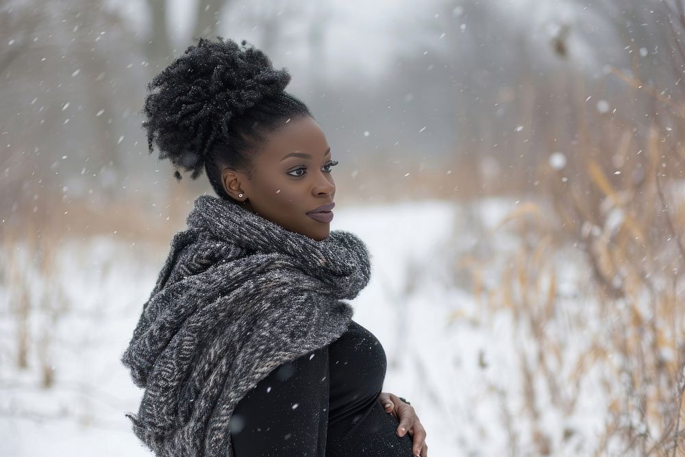 Pregnant black woman in winter outdoors scarf snow. AI generated Image by rawpixel.