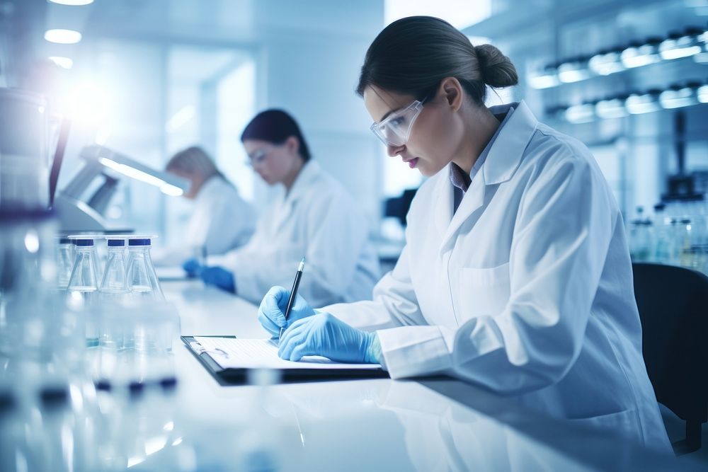 Scientists working in white lab laboratory teamwork adult. 