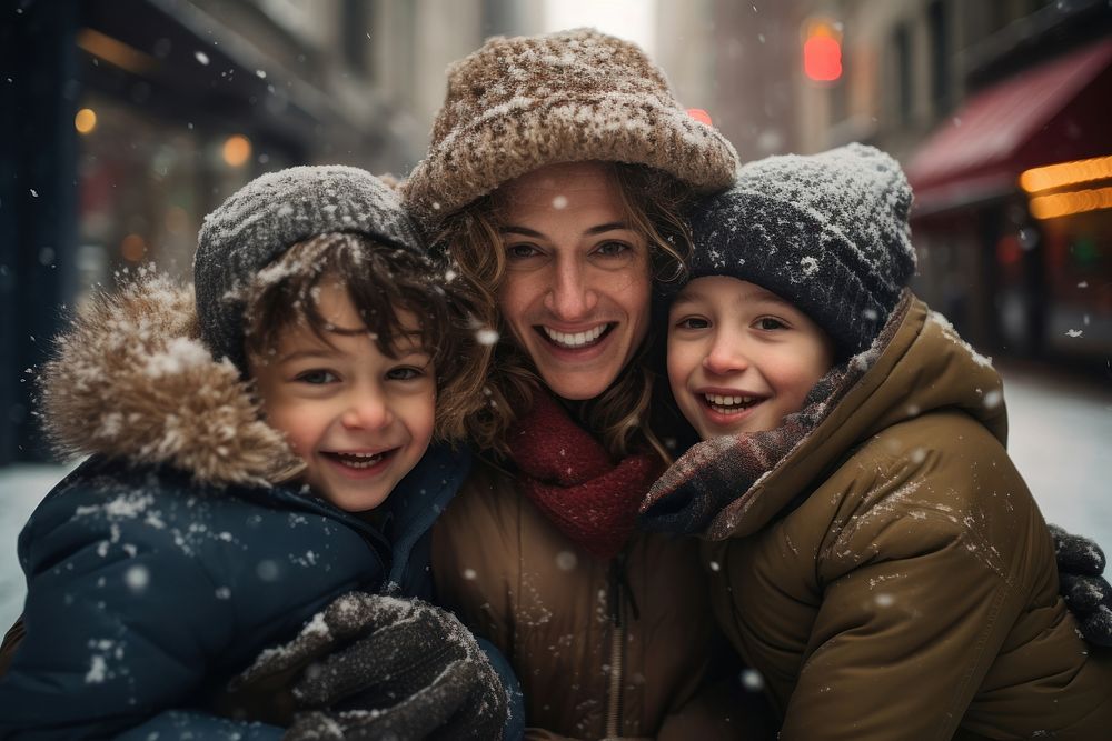 Happy family in snow winter in new york photography laughing portrait.