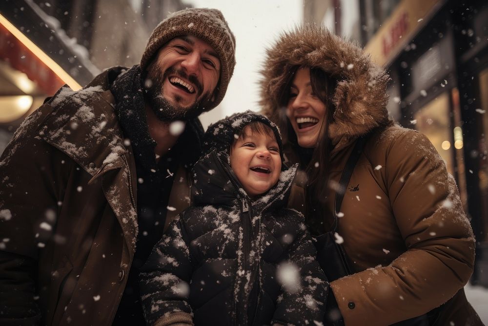 Happy family in snow winter in new york photography laughing portrait.