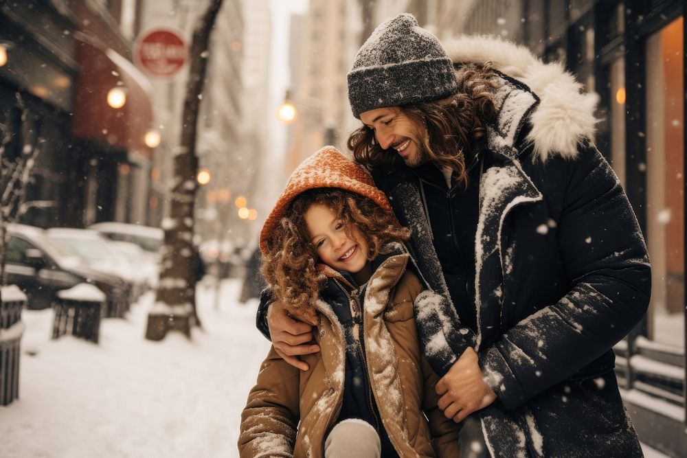 Happy family in snow winter in new york outdoors coat transportation.