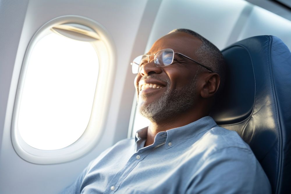 Elder african american man airplane portrait glasses.