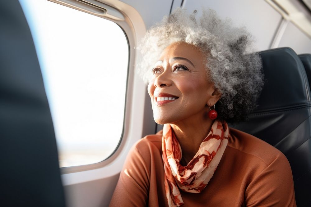 Elder african american woman airplane laughing portrait.