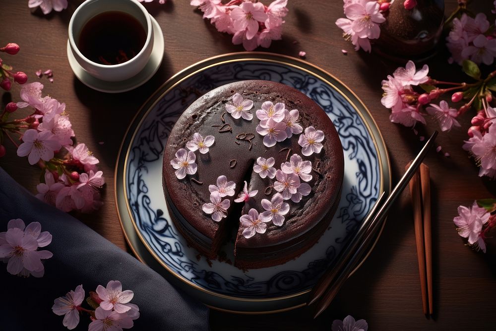 Chocolate cake dessert flower icing. AI generated Image by rawpixel.