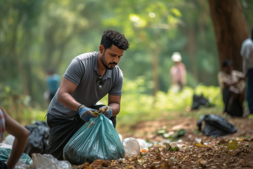 Indian man volunteering garbage adult environmentalist.