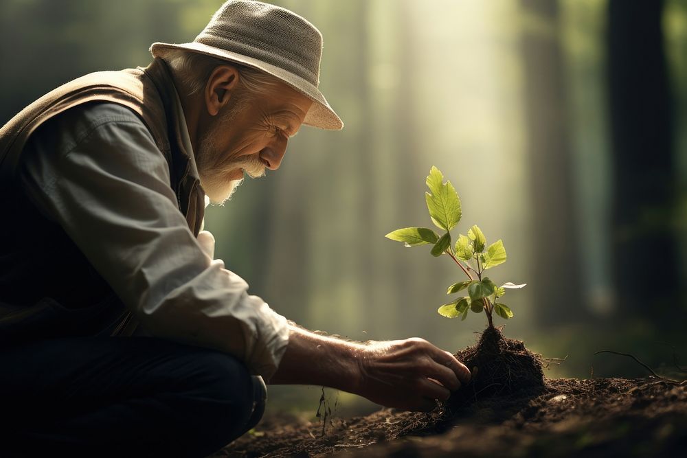 Old man volunteering planting gardening outdoors.