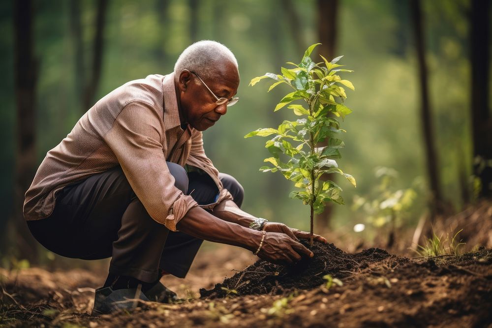 Old african american man volunteering planting gardening outdoors.