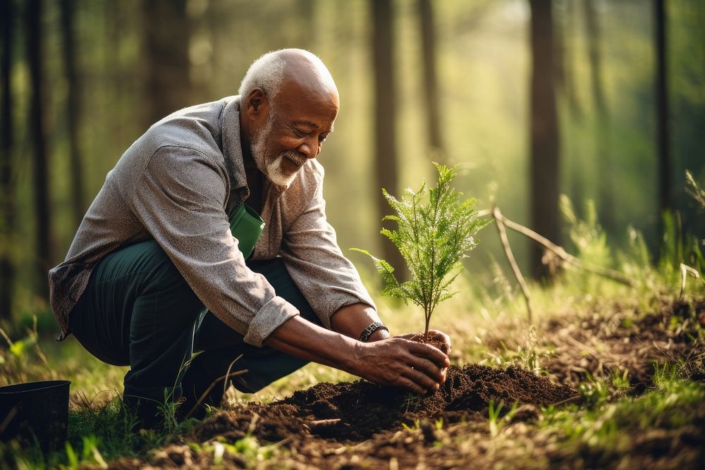 Old african american man volunteering plant gardening planting.