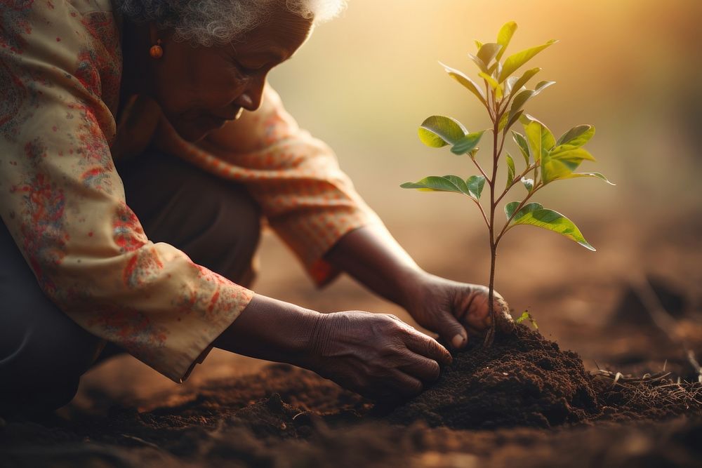 Old african american woman volunteering planting gardening outdoors.