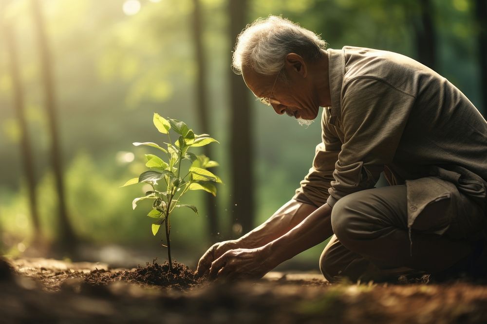 Old asian man volunteering planting gardening outdoors.