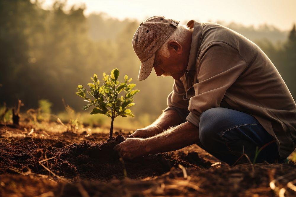 Old latin man volunteering planting gardening outdoors.