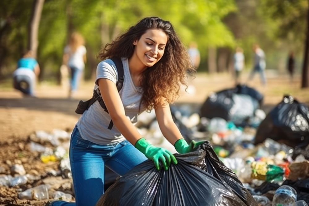 Latin woman volunteering garbage adult accessories.
