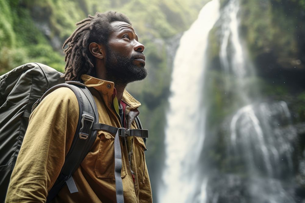 Middle age african american backpacker waterfall portrait outdoors.