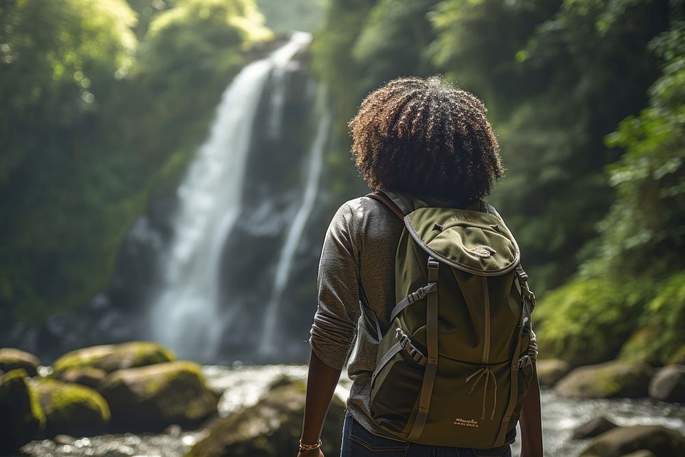 Middle age african american woman backpacker waterfall adventure outdoors.
