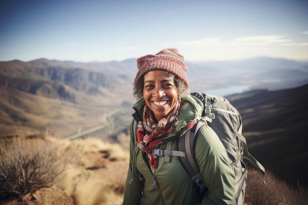 Middle age african american woman backpacker backpacking recreation adventure.
