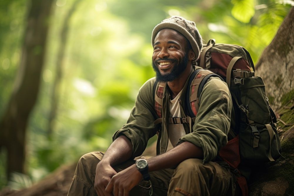Middle age african american man backpacker travel forest adult.
