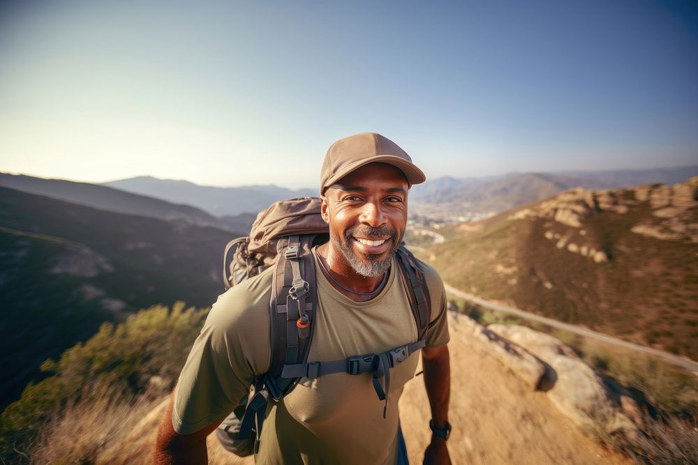 Middle age african american backpacker backpacking recreation adventure.