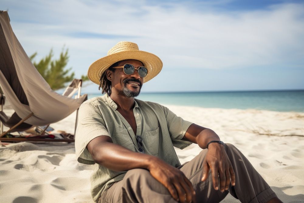 Middle age african american traveller outdoors sitting beach.