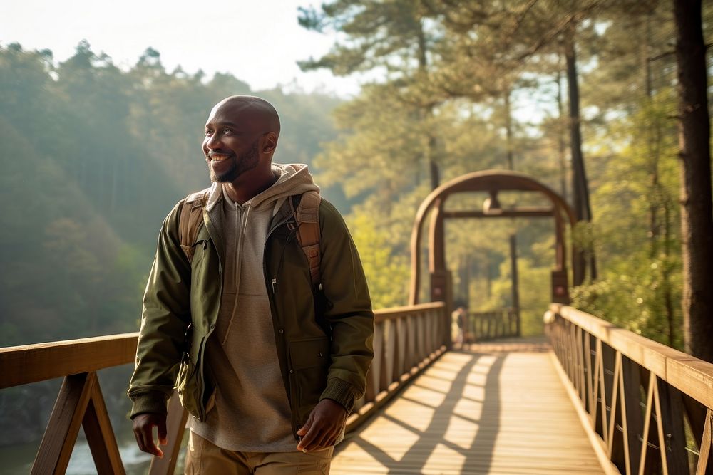 Middle age african american man walking forest bridge.