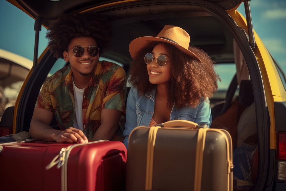 Teen African american couple vehicle luggage vacation.