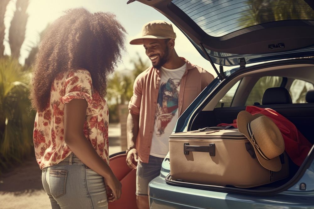 Teen African american couple vacation vehicle luggage.