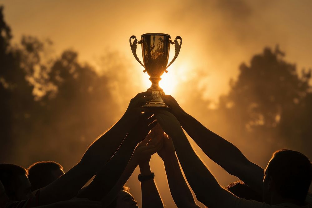 Hands joint holding champion cup trophy togetherness backlighting. AI generated Image by rawpixel.