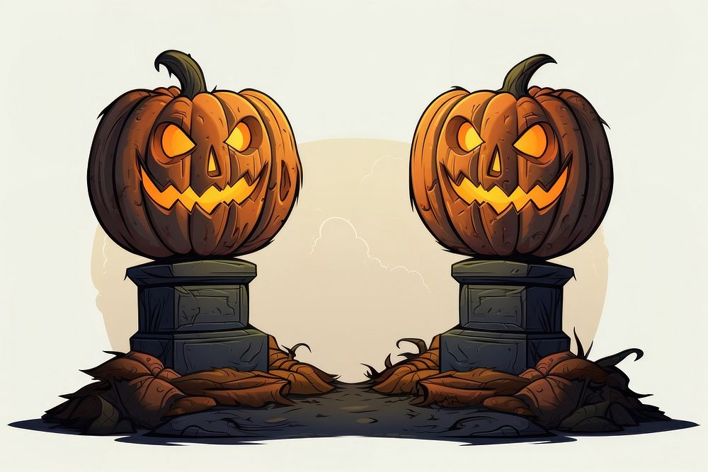 2 halloween pumpkins with 2 gravestone anthropomorphic jack-o'-lantern representation.