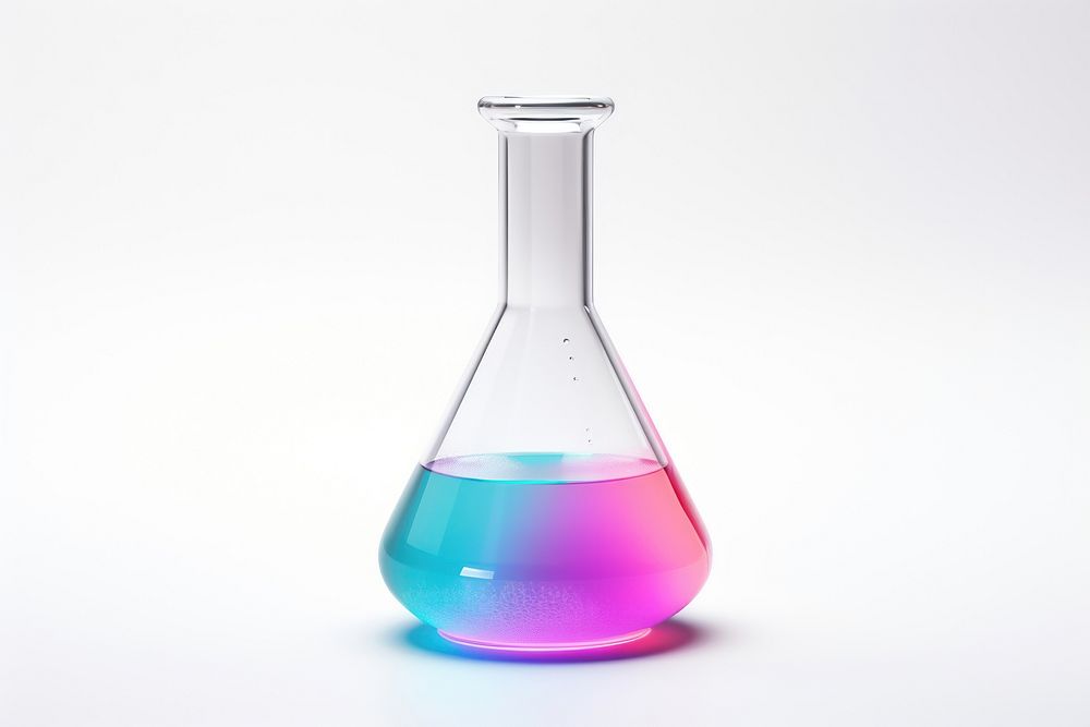 Science beaker glass bottle white background.