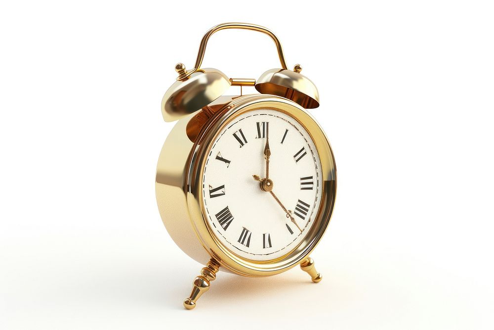 Alarm clock gold white background wristwatch.