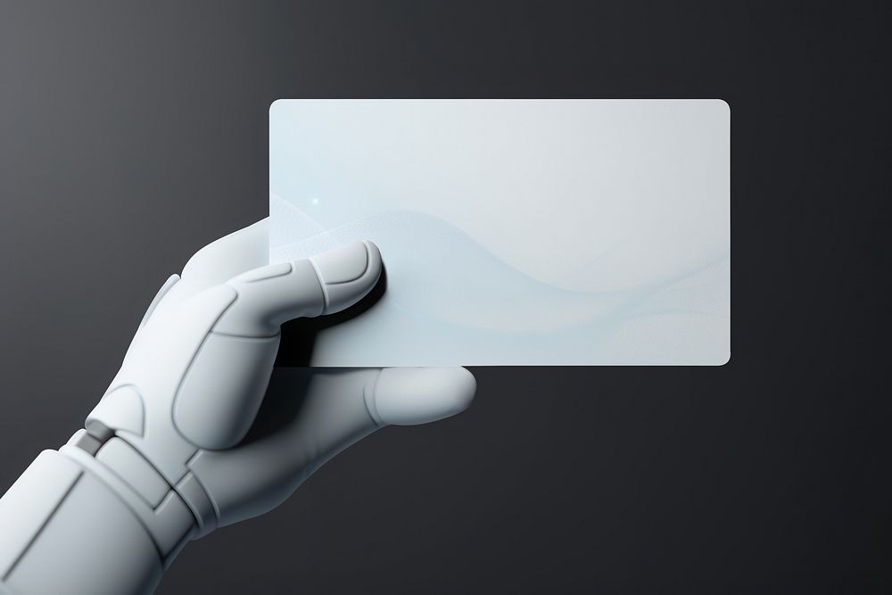 3d robot hand holding a card