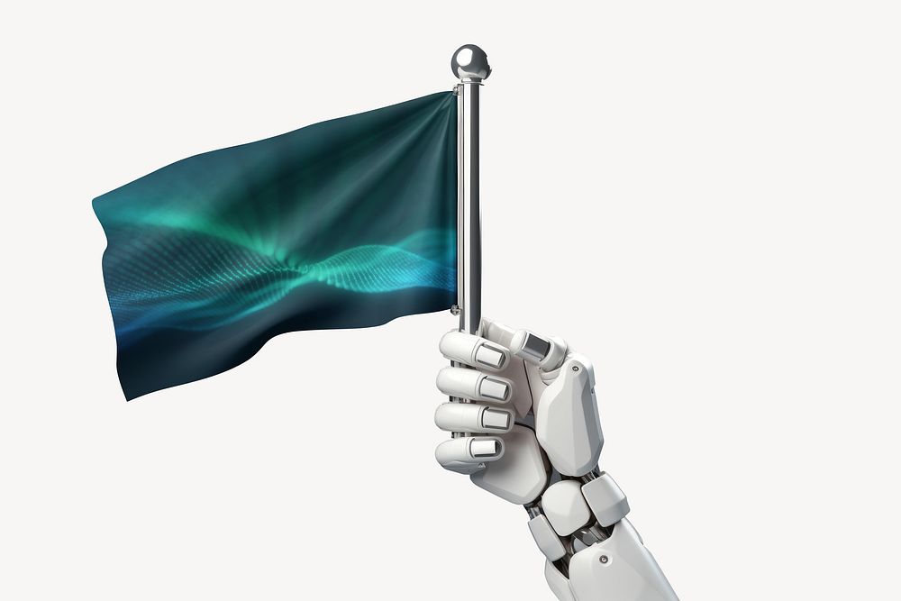 3d robot hand holding a flag