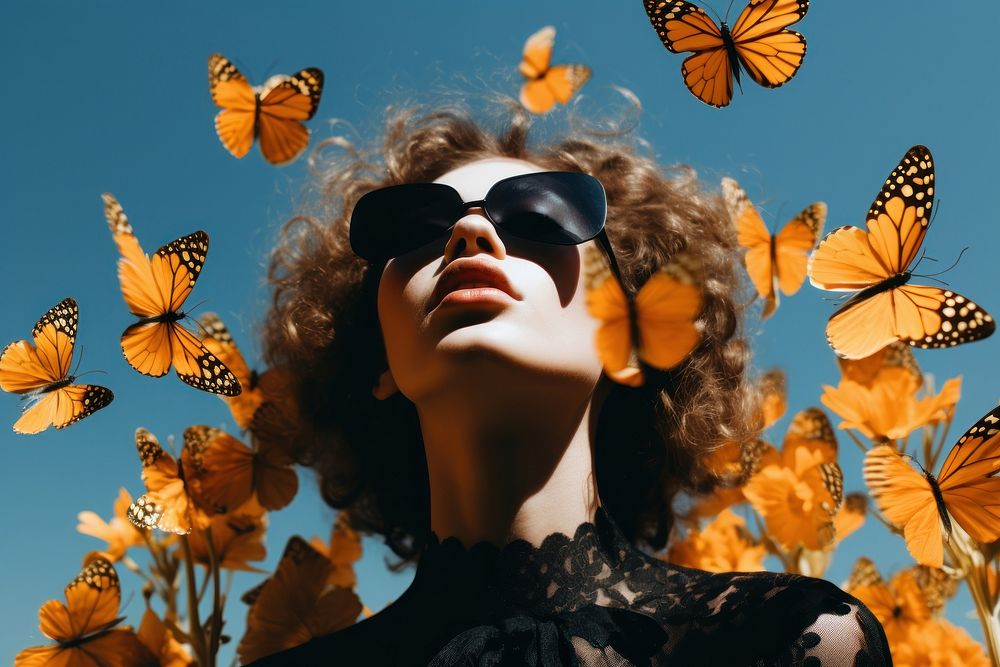 Women with butterfly flower photography sunglasses.