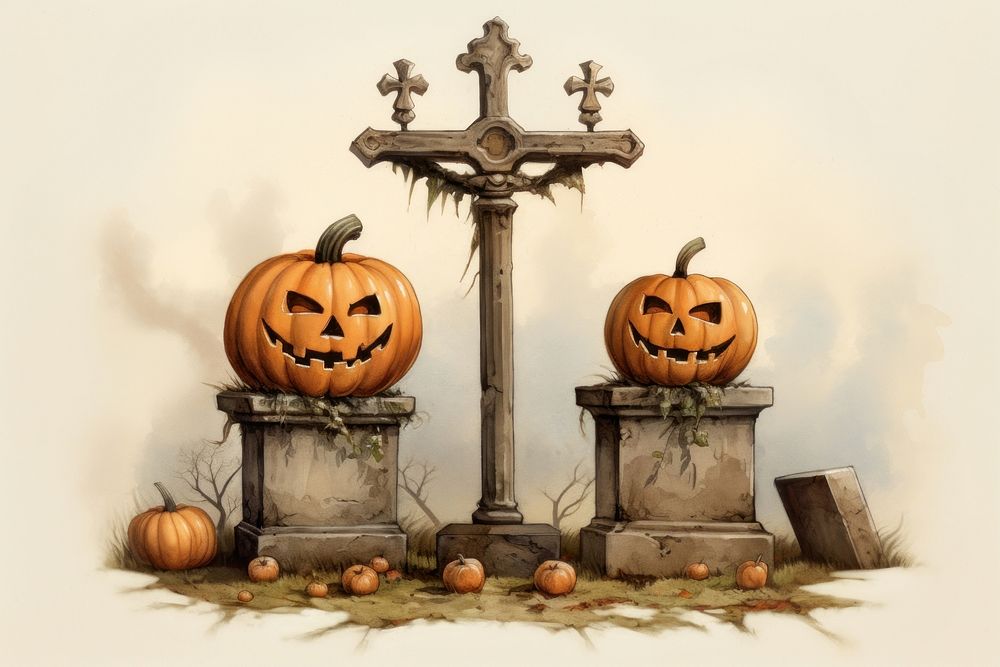 2 halloween pumpkins in front of a 2 gravestone anthropomorphic jack-o'-lantern representation.