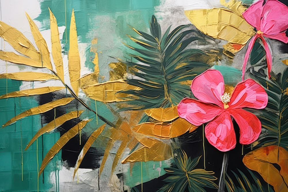 Abstract tropical flowers gold ripped paper art painting tropics.