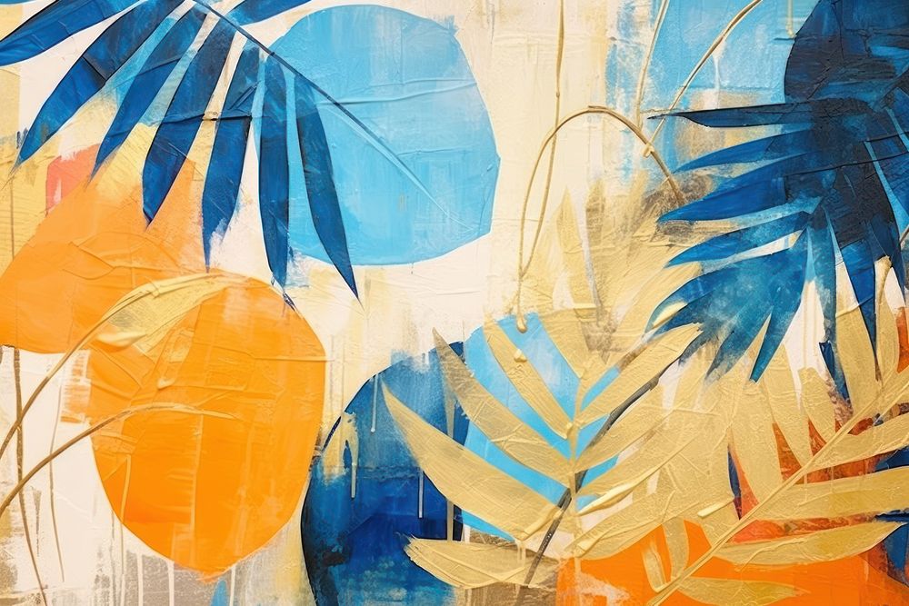 Abstract tropical plants gold ripped paper art painting blue.