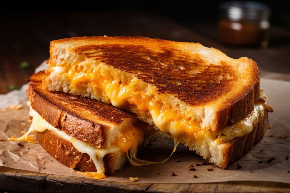 Grilled cheese sandwich bread table food.