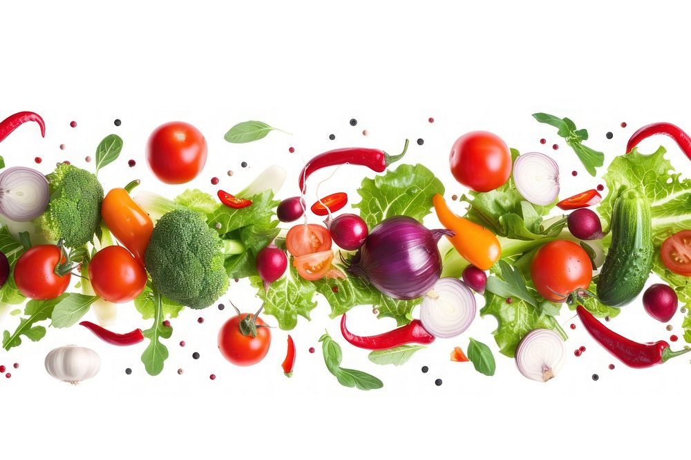 Flying mixed vegetables border food red white background.